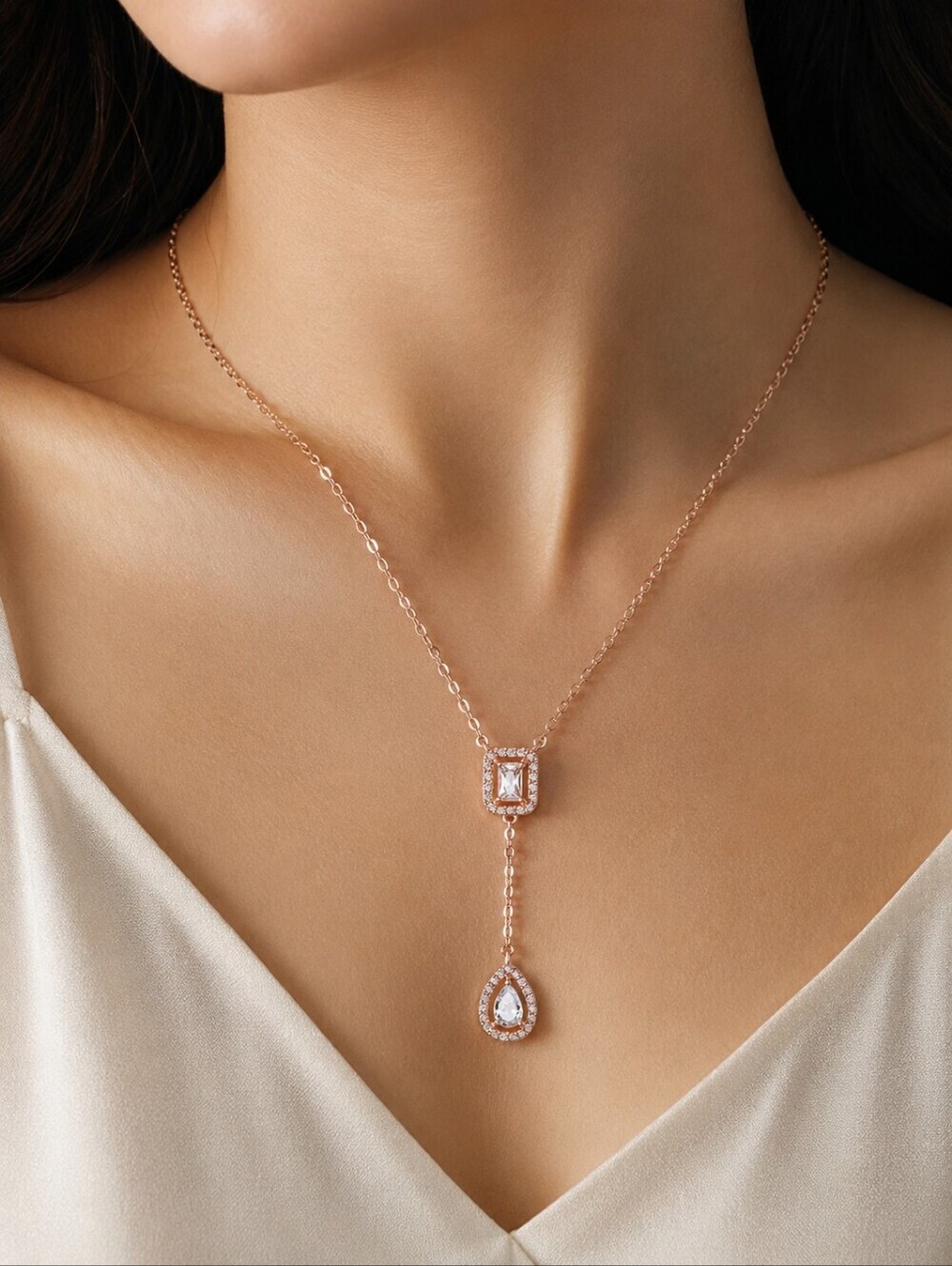Rose Gold Lariat Necklace with Clear Teardrop and Baguette Stones